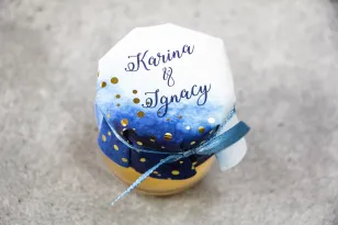 Glas Honig - ein süßes Dankeschön an die Hochzeitsgäste. Marineblaue Kapuze mit vergoldeten Punkten