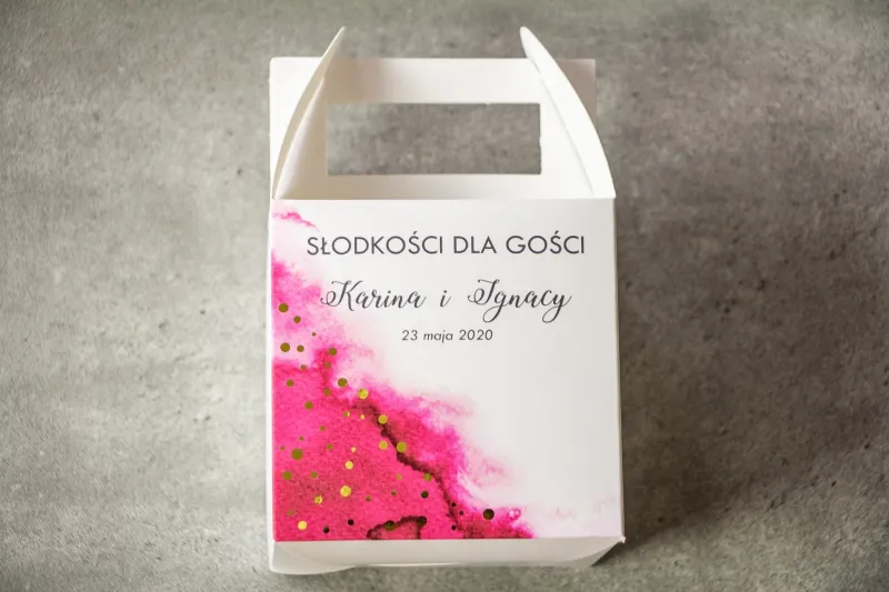 Ślubne Pudełko na Ciasto - kwadratowe - Różowa akwarelowa grafika ze złoconymi kropeczkami Ślubne Pudełko na Ciasto - kwadratowe - Różowa akwarelowa grafika ze złoconymi kropeczkami