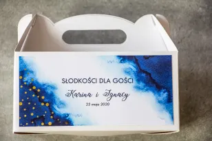 Ślubne Pudełko na Ciasto - prostokątne - Granatowa akwarelowa grafika ze złoconyi kropeczkami