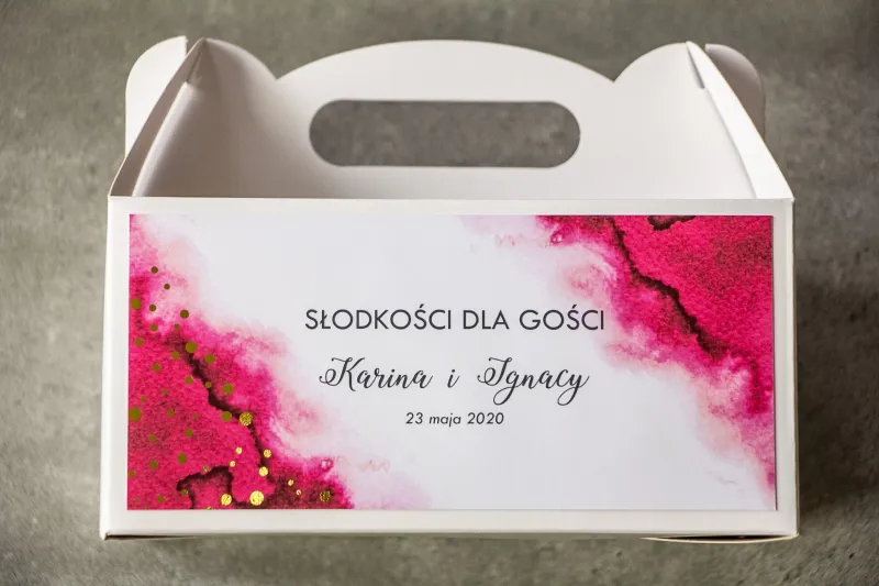 Ślubne Pudełko na Ciasto - prostokątne - Różowa akwarelowa grafika ze złoconyi kropeczkami