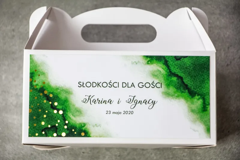 Ślubne Pudełko na Ciasto - prostokątne - Zielona akwarelowa grafika ze złoconyi kropeczkami