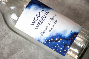 Hochzeitsetiketten für Alkoholflaschen mit marineblauem Etikett mit vergoldeten Punkten