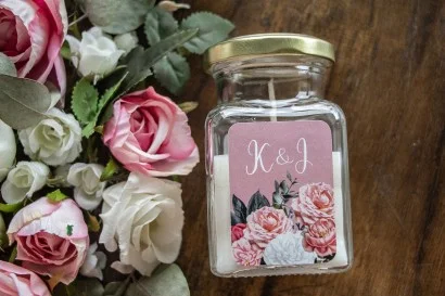 Świeczki Weselne w Szkle z Motywem Różowych Kwiatów | Pamiątki dla Gości