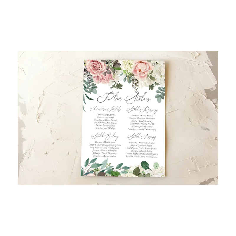 Ślubny Plan stołów z różami i delikatnymi białymi hortensjami oraz z zielonymi gałązkami