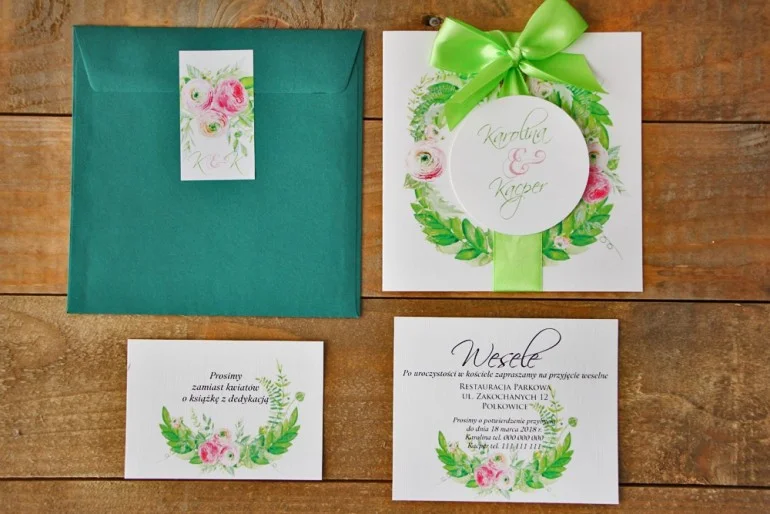 Zaproszenia Weselne z Zielonym Akcentem i Różowymi Jaskrami w Kolorowej Kopercie | Eleganckie Ślubne Zaproszenia