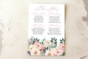Hochzeitstischplan mit rosa Pfingstrosen und Dahlien. Zusammensetzung ergänzt durch grüne Zweige