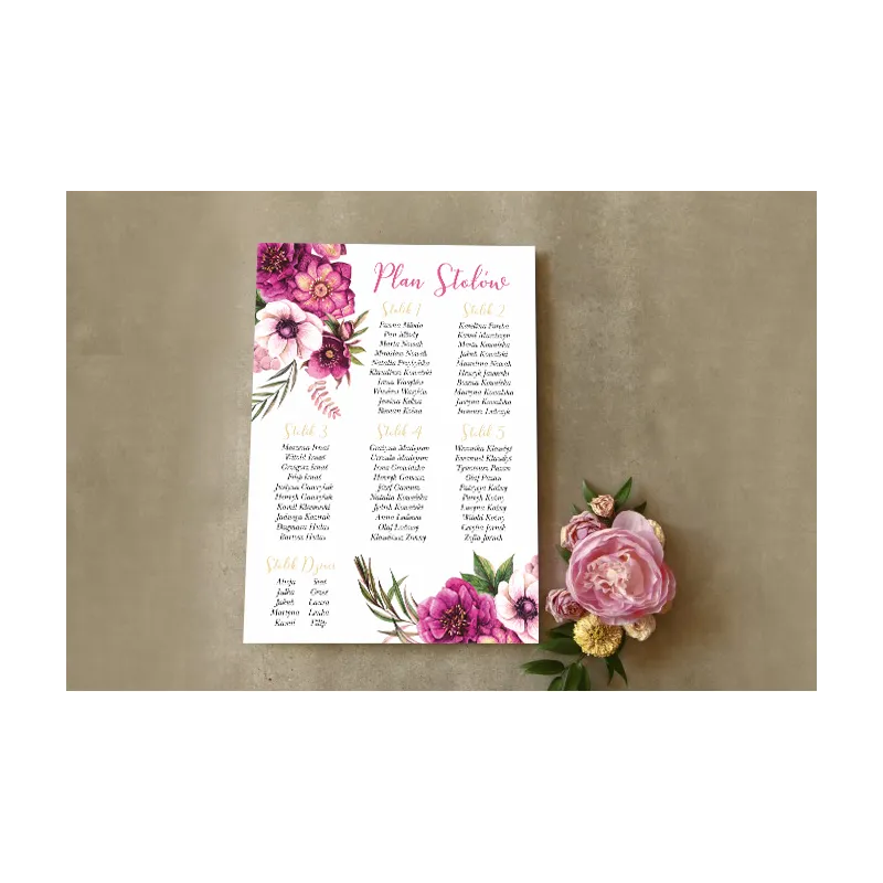 Ślubny Plan stołów - Połączenie białych i fioletowych anemonów, cynii i ciemiernika z akcentami zimnej zieleni