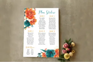 Wedding Table Plan - Intensive Kombination von smaragdgrünen Anemonen mit orangefarbenen Rosen