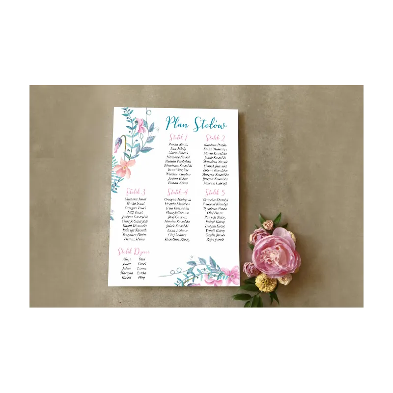Ślubny Plan stołów - Delikatny pastelowy wianek z dodatkiem drobnych fiołków w odcieniach różu i błękitu