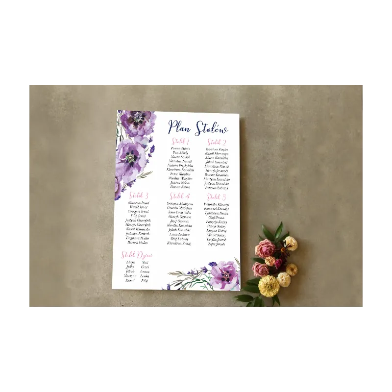 Ślubny Plan stołów - Fioletowy wianek z kwiatami ciemiernika i polną trawą