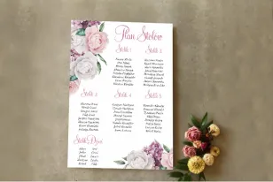 Hochzeitstischplan - Kranz mit weißer und rosa Pfingstrose und lila Blumen