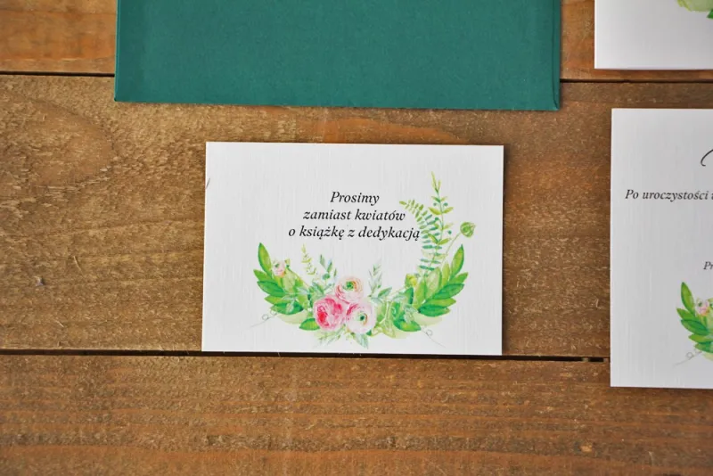 Bilecik do zaproszenia 105 x 74 mm prezenty ślubne wesele - Akwarele nr 22 - Intensywna zieleń i różowe jaskry Bilecik do zaproszenia 105 x 74 mm prezenty ślubne wesele - Akwarele nr 22 - Intensywna zieleń i różowe jaskry