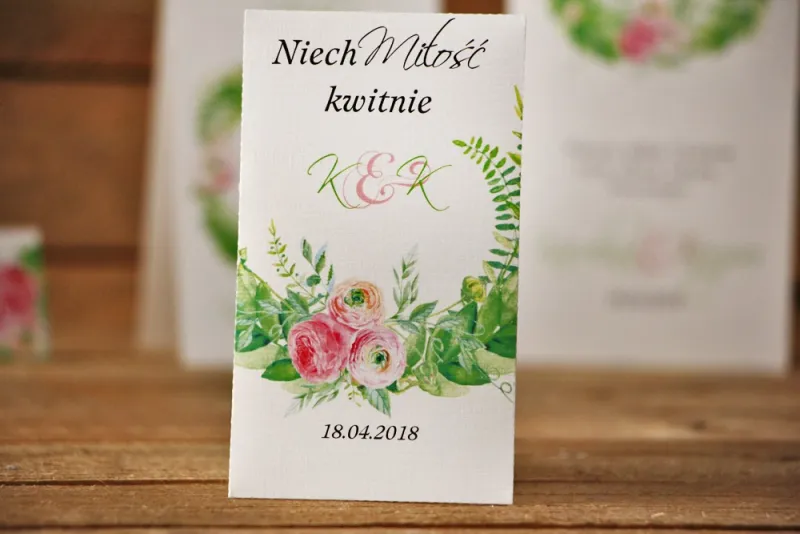 Podziękowania dla Gości weselnych - nasiona Niezapominajki - Akwarele nr 22 - Różowe jaskry z zielenią Podziękowania dla Gości weselnych - nasiona Niezapominajki - Akwarele nr 22 - Różowe jaskry z zielenią