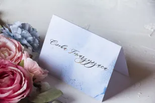 Marmorierte Hochzeitsvignetten mit Vergoldung in pastellblauer Farbe