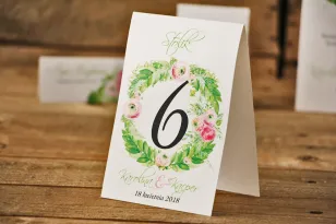 Numery stolików, stół weselny, ślub - Akwarele nr 22 - Różowe jaskry z zielenią