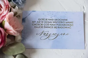Złocony Bilecik do zaproszeń ślubnych w pastelowym, niebieskim kolorze