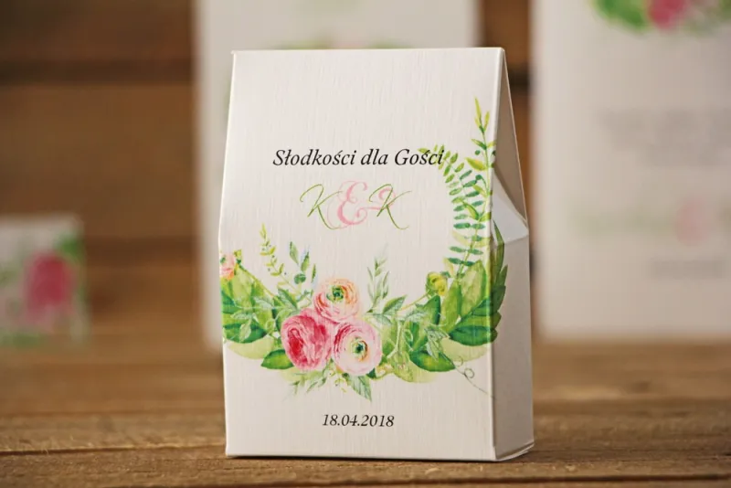 Pudełeczko stojące na cukierki, podziękowania dla Gości weselnych - Akwarele nr 22 - Różowe jaskry z zielenią Pudełeczko stojące na cukierki, podziękowania dla Gości weselnych - Akwarele nr 22 - Różowe jaskry z zielenią