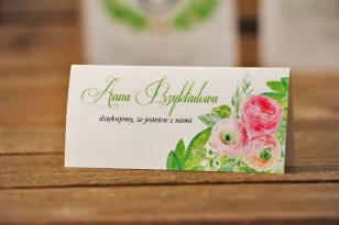 Winietki na stół weselny, ślub - Akwarele nr 22 - Różowe jaskry z zielenią