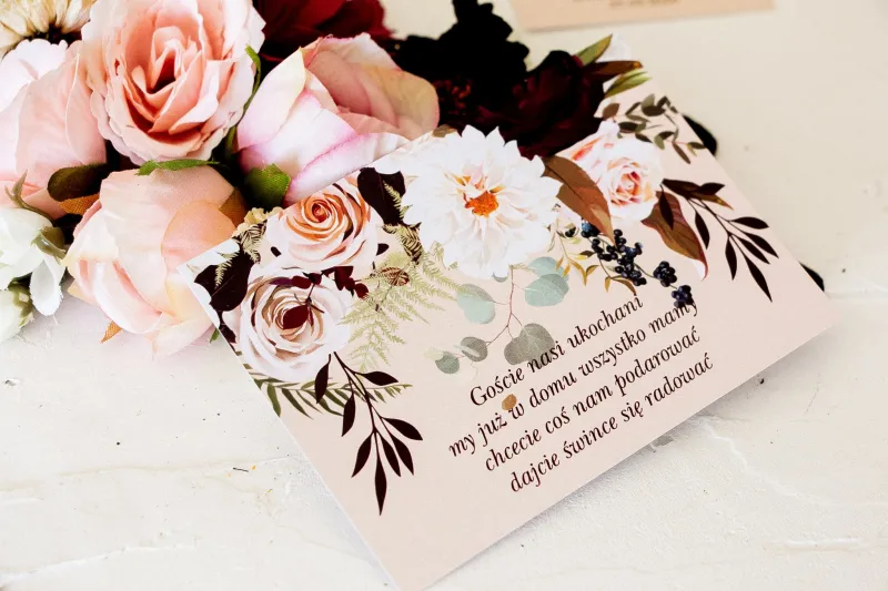 Bilecik do zaproszeń ślubnych z nadrukiem dalii i różowych, pastelowych róż