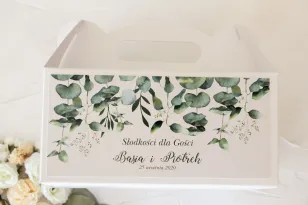 Rechteckige Hochzeitstortenschachtel mit Eukalyptusblattdruck