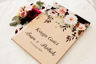 Hochzeitsgästebuch mit Aufdruck von Dahlien und rosafarbenen, pastellfarbenen Rosen