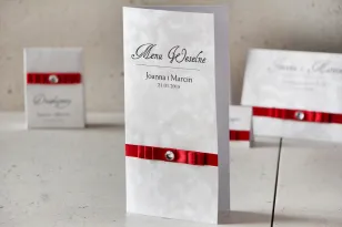 Hochzeitsmenü, Hochzeitstisch - Amaretto No. 2 - Perlenpapier mit roter Schleife und Strasssteinen