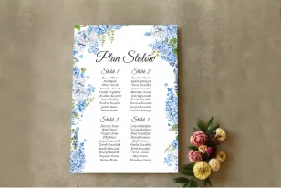 Hochzeitstischplan mit blauer Hortensie