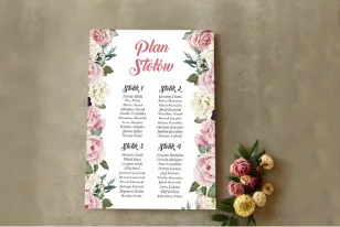 Rosa Hochzeit Glamour Tischplan mit Rosen und weißen Pfingstrosen
