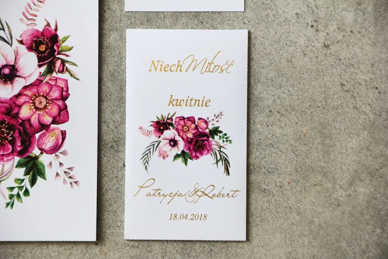 Podziękowania dla Gości weselnych - nasiona Niezapominajki - Cykade nr 5 ze złoceniem - bukiet w odcieniach fioletu.