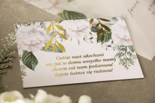 Ticket für Hochzeitseinladungen mit goldenen Zweigen in weißen, winterlichen Farben