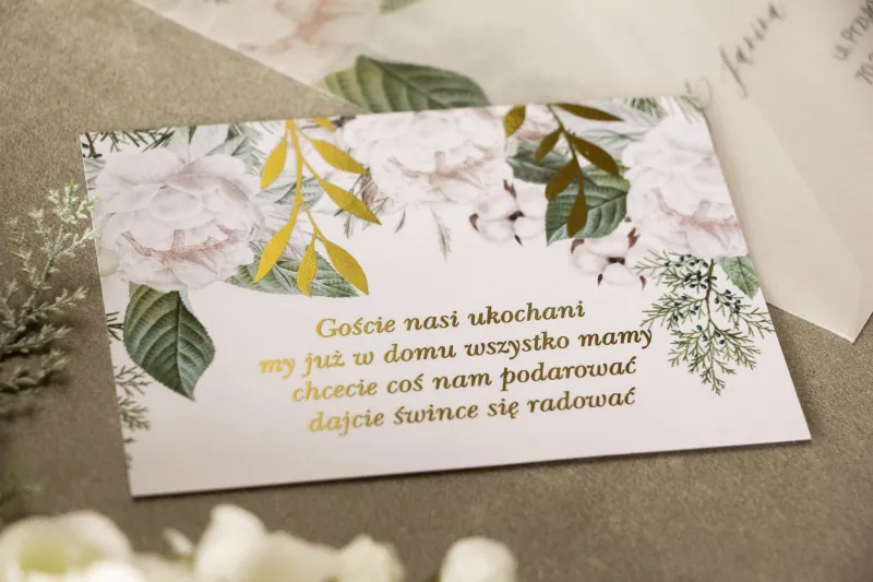 Bilecik do zaproszeń ślubnych ze złotymi gałązkami w białej, zimowej kolorystyce