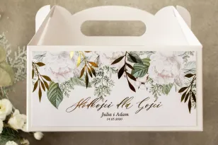 Schachtel für Hochzeitstorte (rechteckig) mit goldenen Zweigen in weiß, Winterfarben