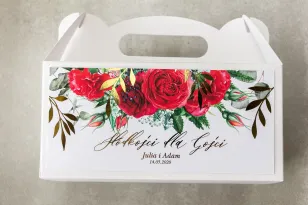 Schachtel für Hochzeitstorte (rechteckig) mit goldenen Zweigen und burgunderroten Rosen