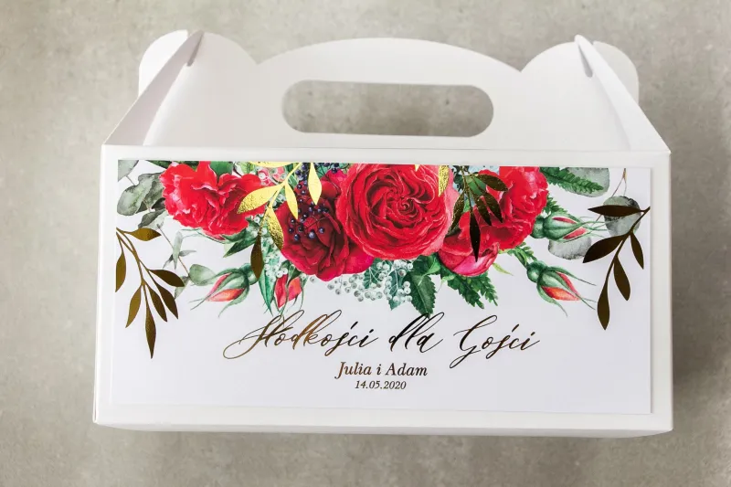 Pudełko na ciasto weselne (prostokątne) ze złotymi gałązkami i bordowymi różami