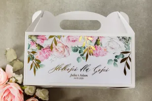 Schachtel für Hochzeitstorte (rechteckig) mit goldenen Zweigen in sanften Farben von Rosa und Weiß