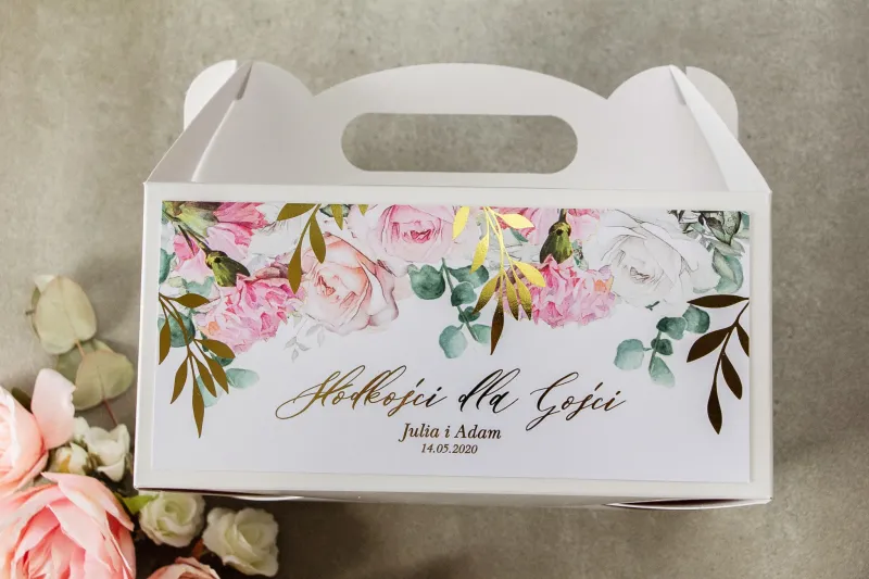 Pudełko na ciasto weselne (prostokątne) ze złotymi gałązkami w delikatnych kolorach różu i bieli