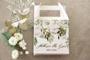 Schachtel für Hochzeitstorte (quadratisch) mit goldenen Zweigen in weiß, Winterfarben