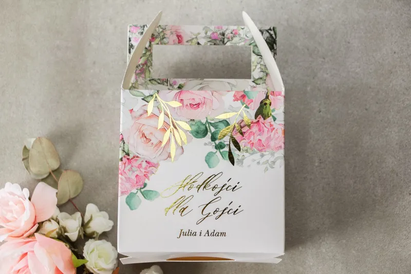 Pudełko na Ciasto weselne (kwadratowe) ze złotymi gałązkami w delikatnych kolorach różu i bieli