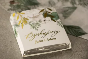 Danke an die Hochzeitsgäste in Form von Milchschokolade, Deckblatt mit goldenen Zweigen in weißen, winterlichen Farben