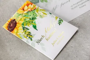 Hochzeitssamen Vergissmeinnicht - Danke an die Gäste - Verpackung mit goldenen Zweigen und Sonnenblume