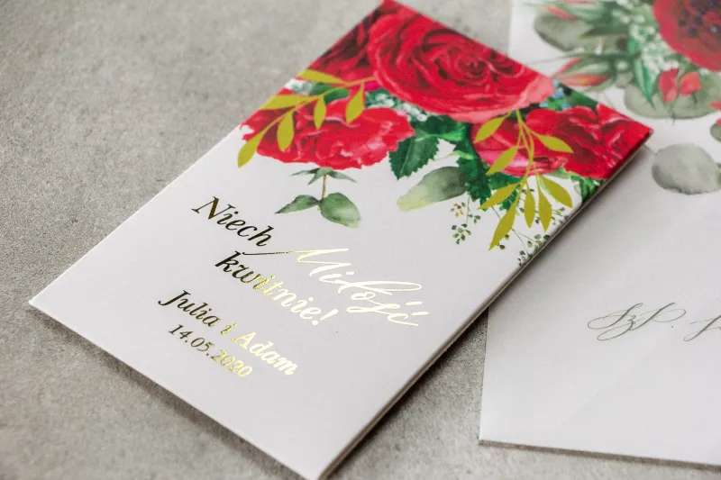 Nasiona Ślubne niezapominajki - Podziękowania dla Gości - Opakowanie ze złotymi gałązkami i bordowymi różami