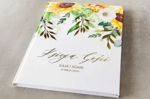 Hochzeitsgästebuch mit goldenen Zweigen und Sonnenblumen, perfekt für eine Sommerhochzeit