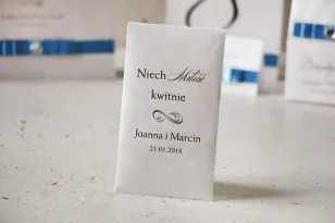 Podziękowania dla Gości weselnych - nasiona Niezapominajki - Amaretto perłowe piórka, eleganckie