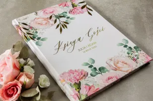 Hochzeitsgästebuch mit goldenen Zweigen in zarten rosa und weißen Farben