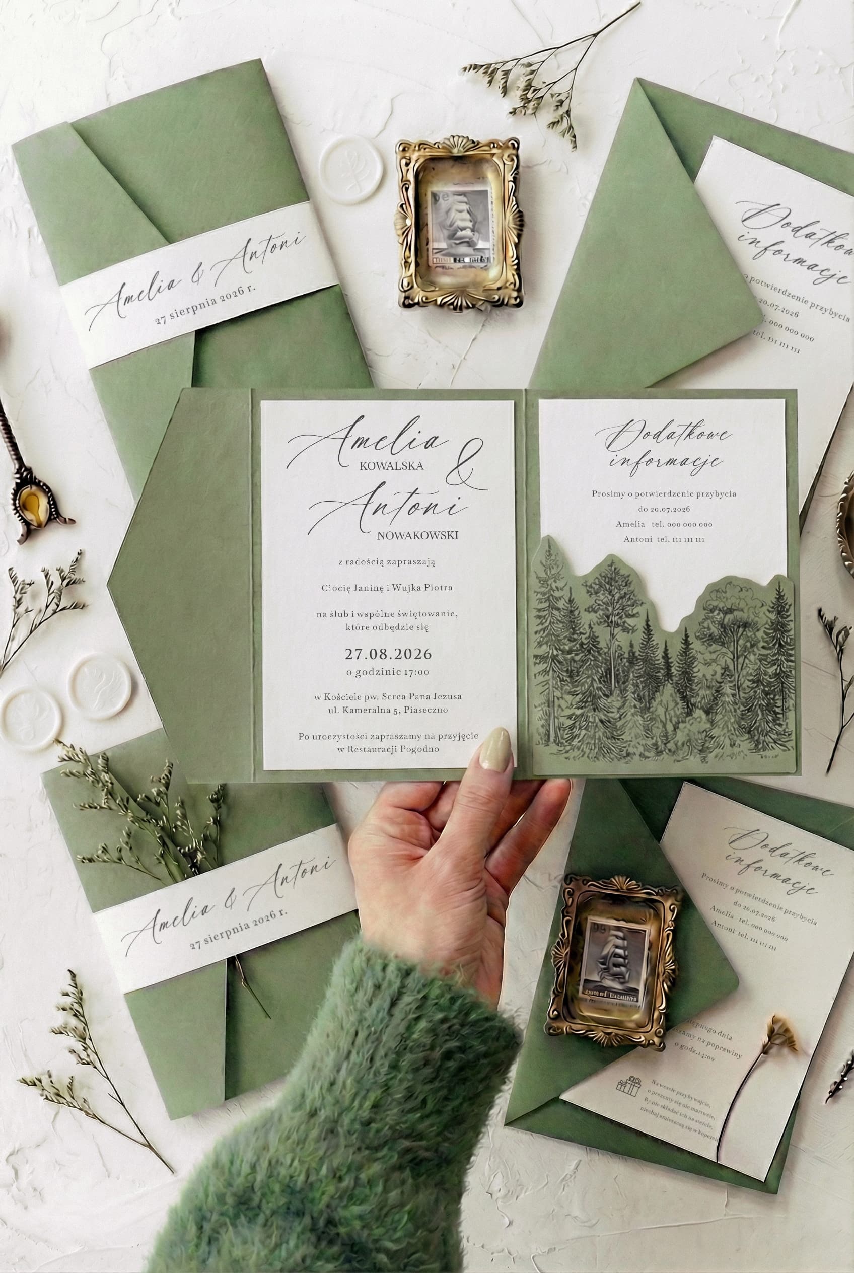 Invitaciones de boda de bosque Kraft nº 12 bolsillo verde con motivo de bosque Amelia Wedding