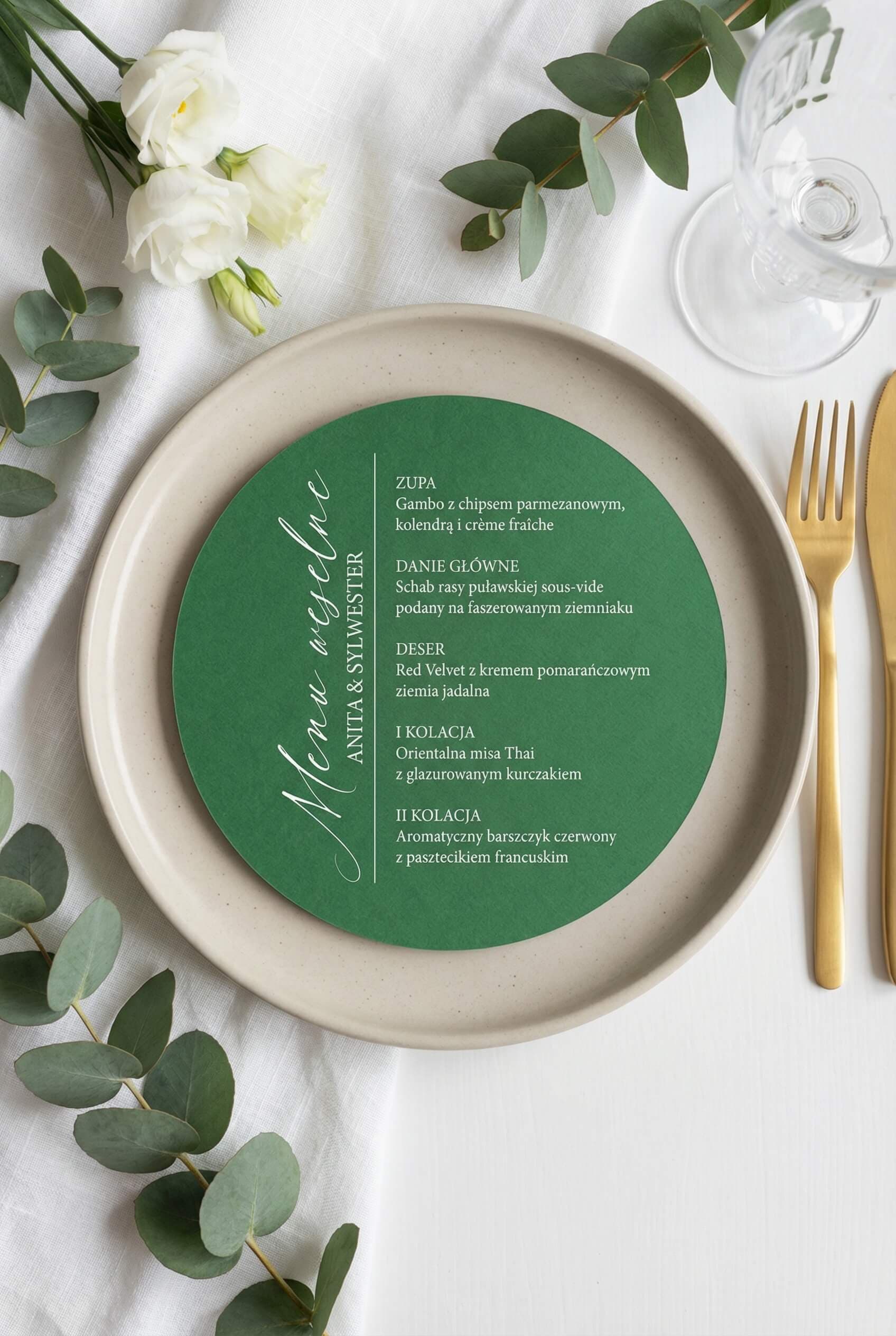 Round Green Kraft Wedding Menu No. 10 – Botanical Style and White Print