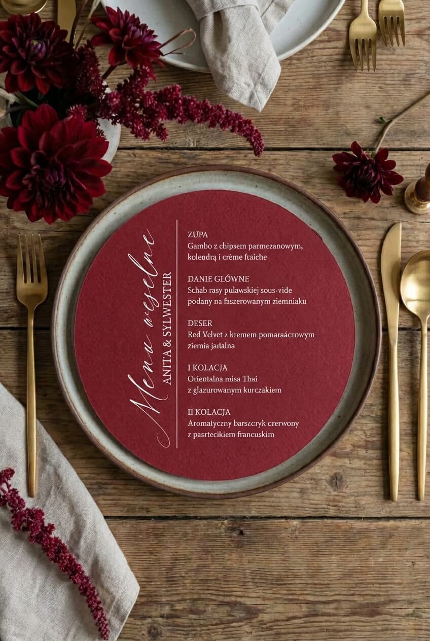 Round Kraft Wedding Menu No. 6 – Elegant Menu Card in Deep Burgundy