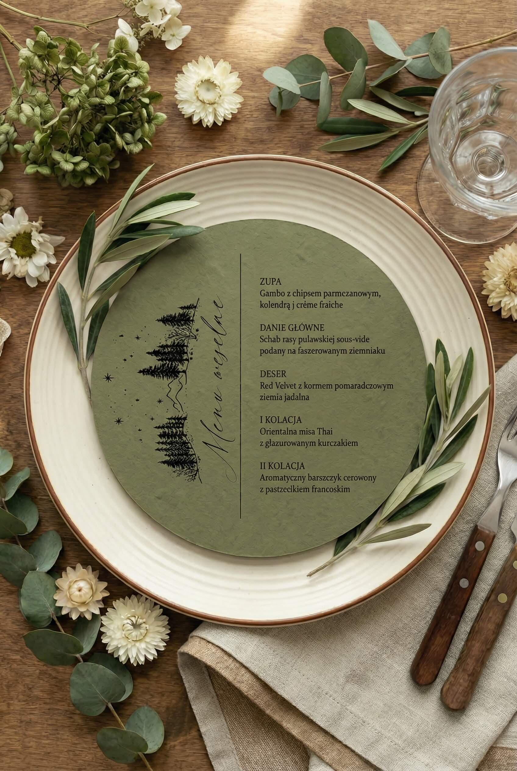 Round Wedding Menu Kraft No. 11 – Beige Circle-Shaped Card