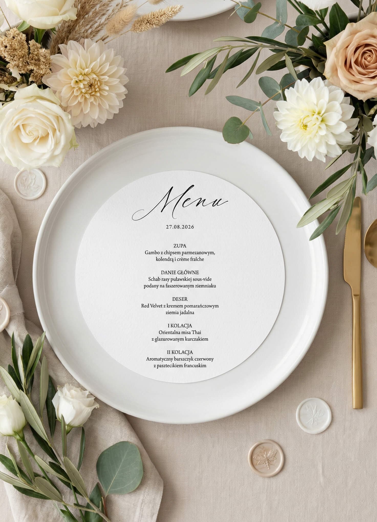 Weiße Hochzeitsmenükarte Kraft Nr. 13 – Minimalistischer Kreis mit schwarzem Druck