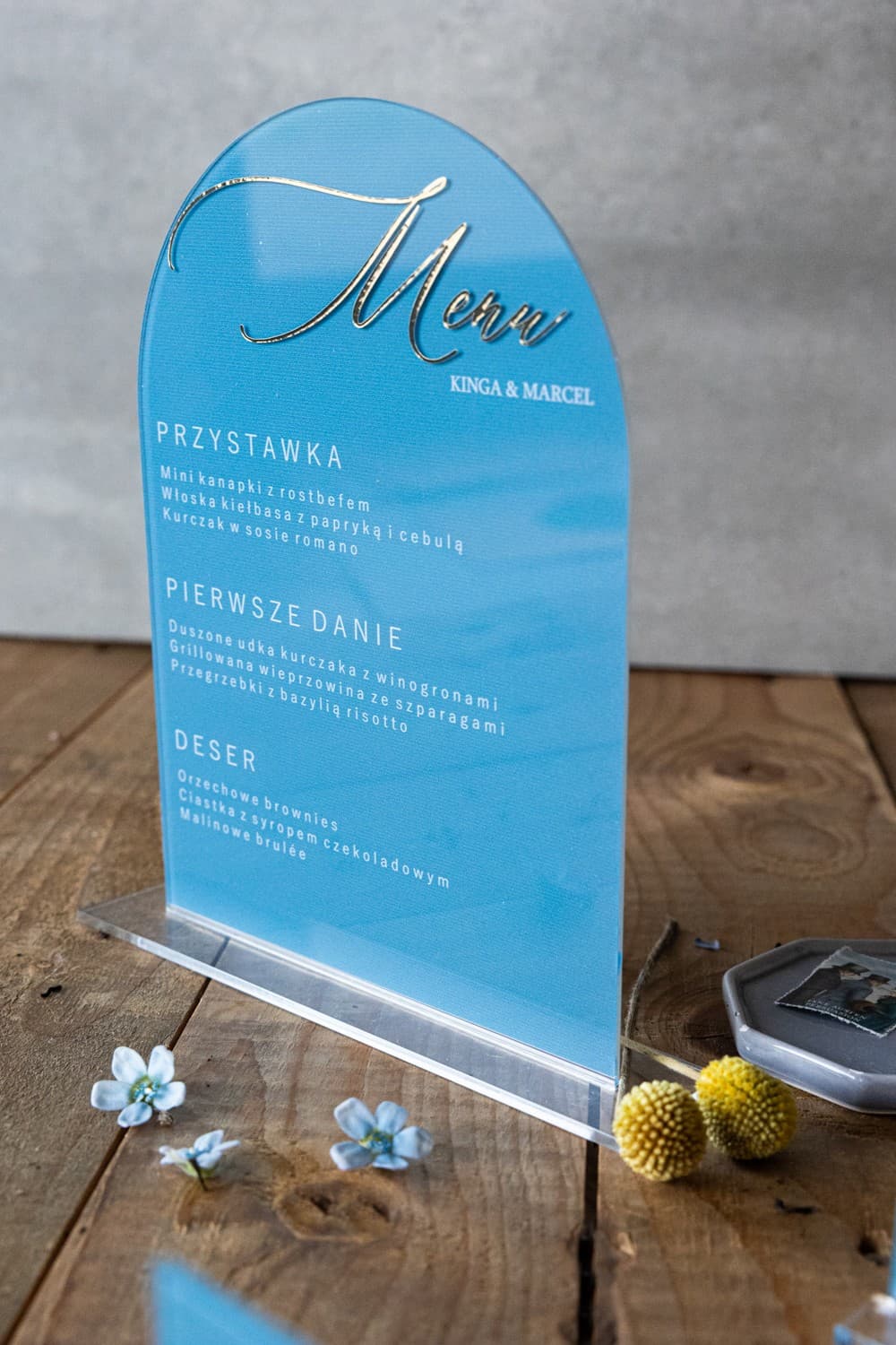 Gold Foiled Dusty Blue Wedding Menu, Elegant Menu Cards | Acrylic Wedding Menu | Dalia No. 4